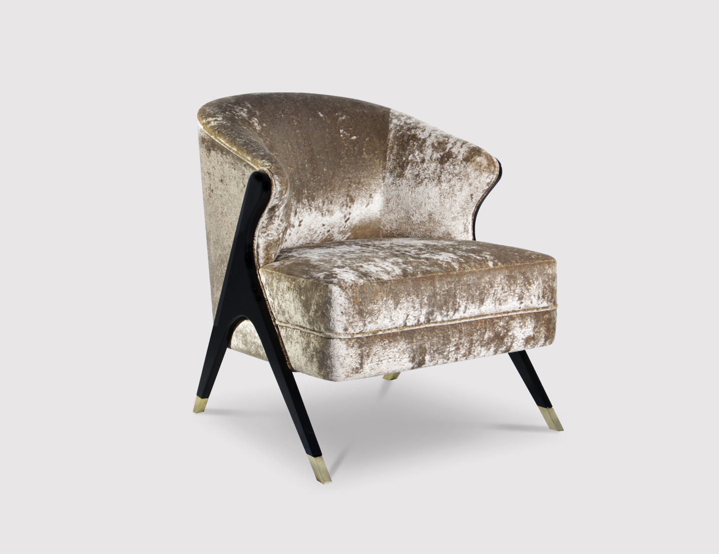 A plush upholstered seat is delicately framed by chicly lacquered mid-century modern legs stylishly capped in metal.