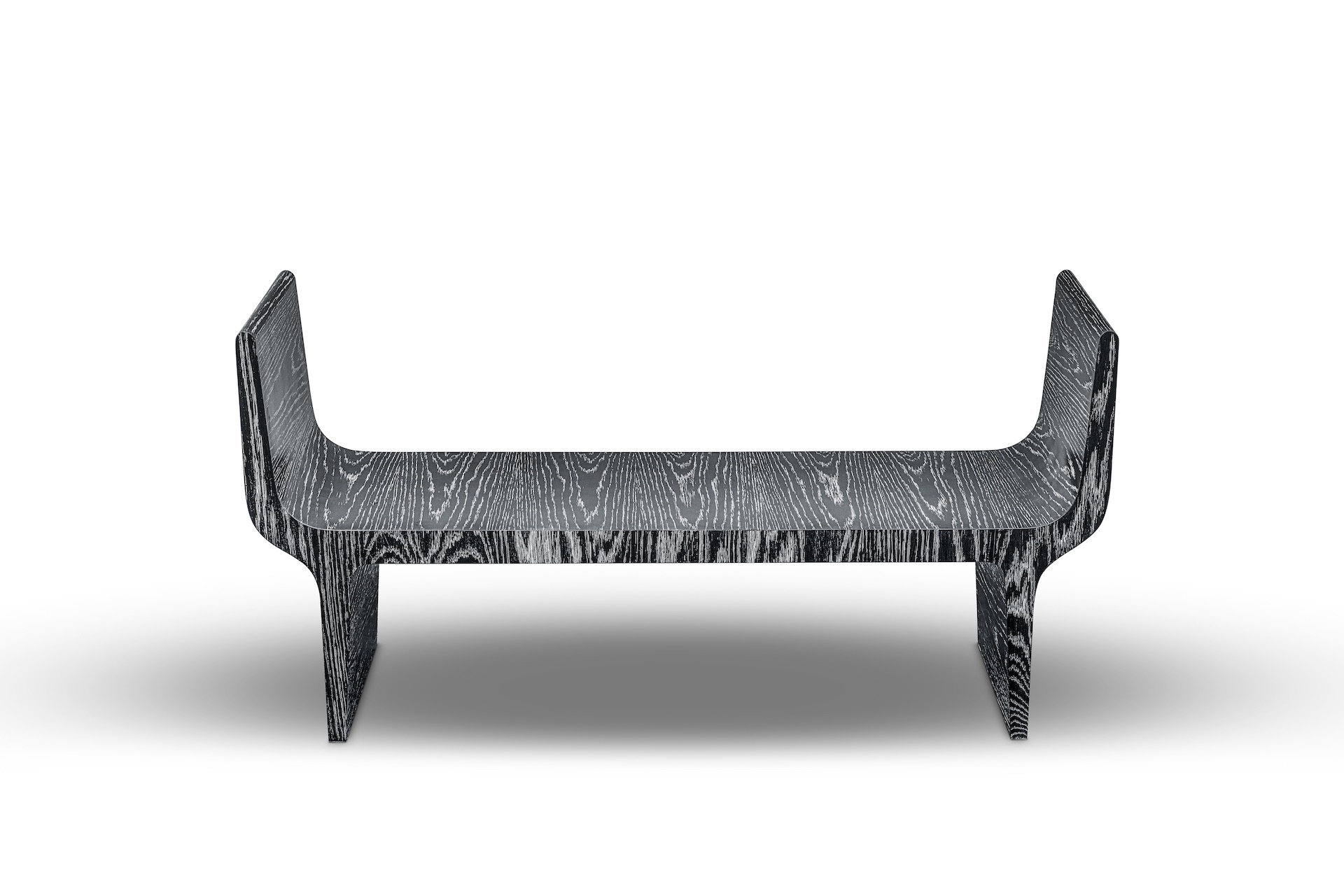Copacabana bench features a structured limed oak. Shown with cushion in Lelievre Regate 01 fabric. Available without cushion.