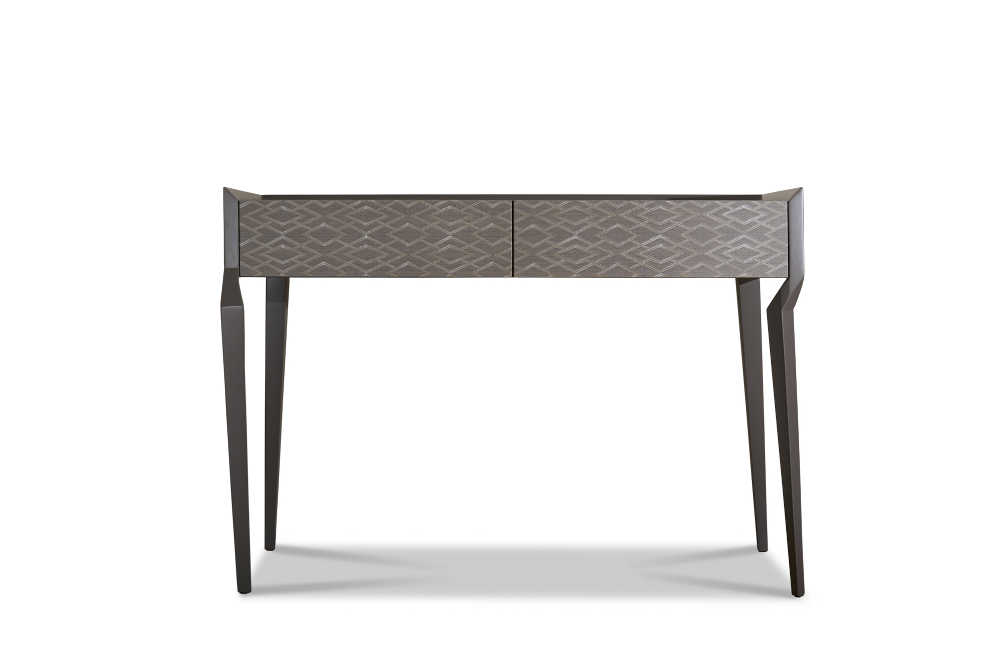 Angular legs and an inset top create a striking silhouette that defines this exquisite console. Functional drawers are completed with a geometric vinyl wallcovering.
